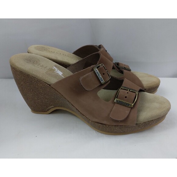 Sam & Libby Shoes - Sam & Libby Brookfield Slide Wedge Sandals Brown Leather Double Buckle Boho 8